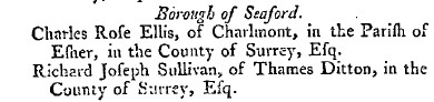Sullivan's election result in Seaford from the London Gazette Issue 15497 published on the 13 July 1802